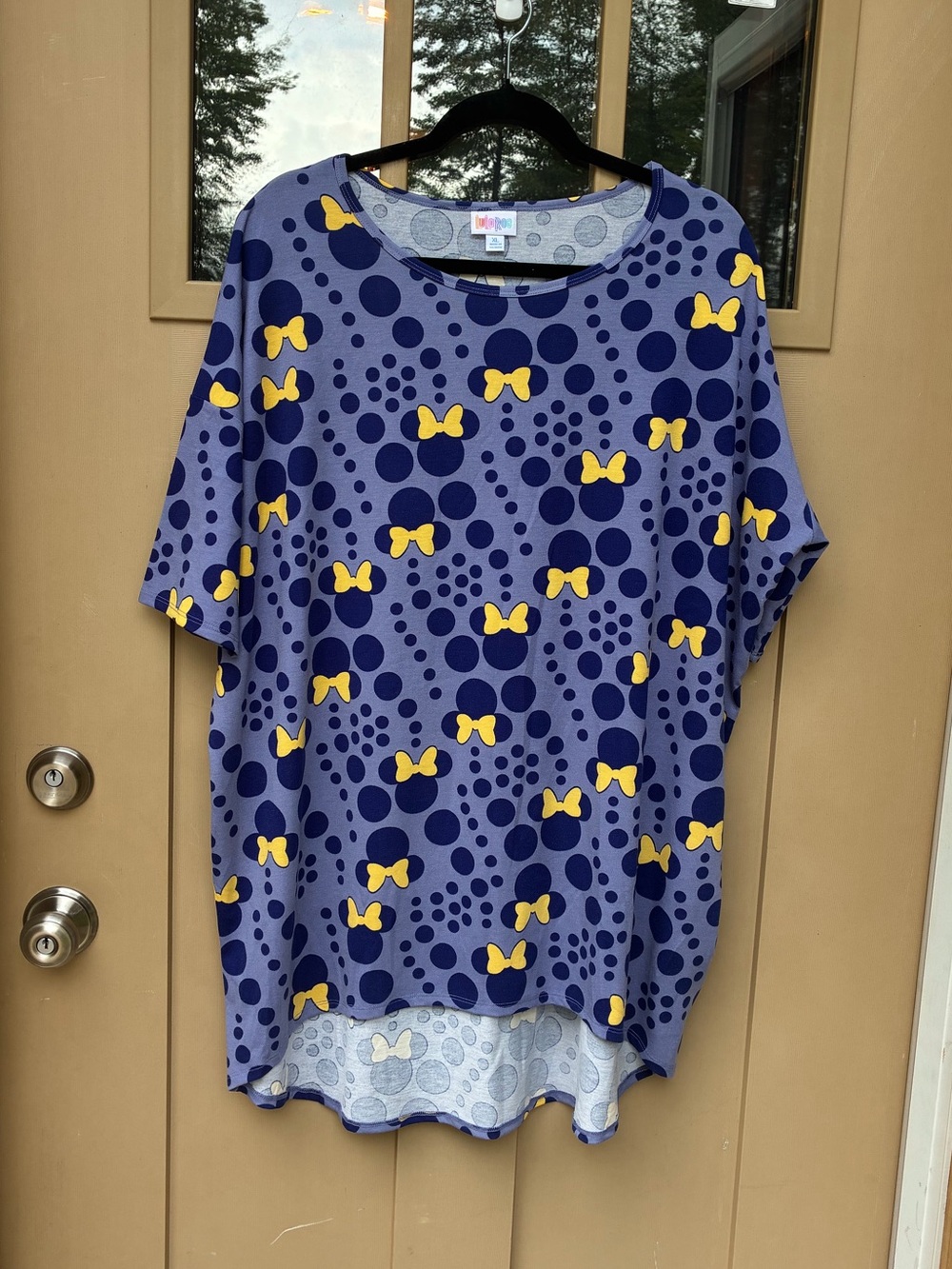 LuLaRoe Irma Tee Disney Minnie Mouse Purple with Yellow Bows Women's XL